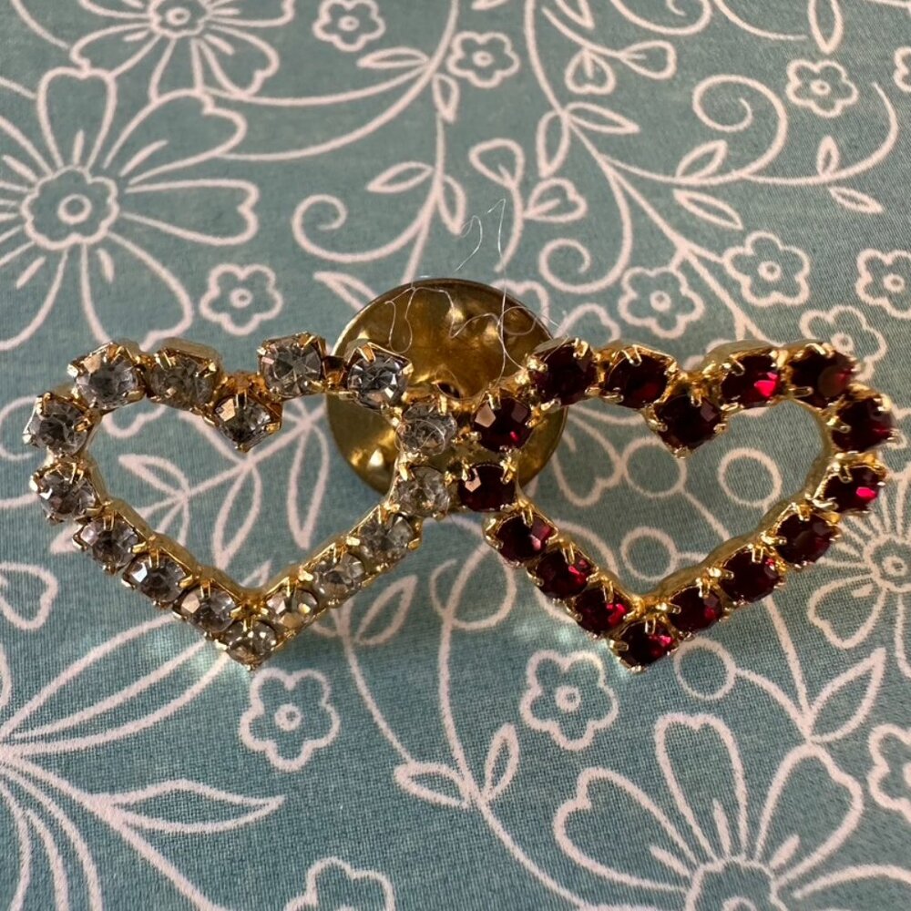 Vintage - Double Heart Coat Pin - Gold Tone Metal with Red & Clear Rhinestones